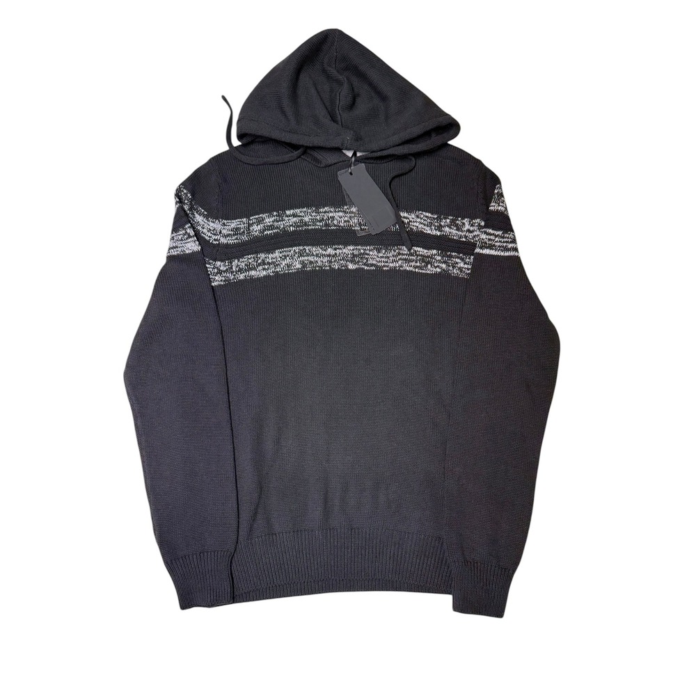 NWT Fried Denim Men's Black Knit Hoodie Sweater Size L Striped‎ Accents